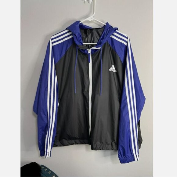 Adidas Women's Hooded Windbreaker Packable Jacket Sz XL Black Blue White Stripes - Picture 3 of 7